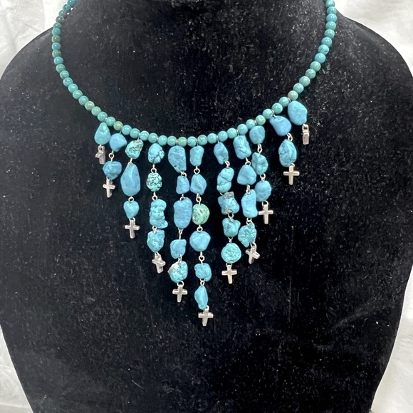 Turquoise Choker Necklace With Sterling Silver Crosses and Clasp Adjustable. - Picture 8 of 9